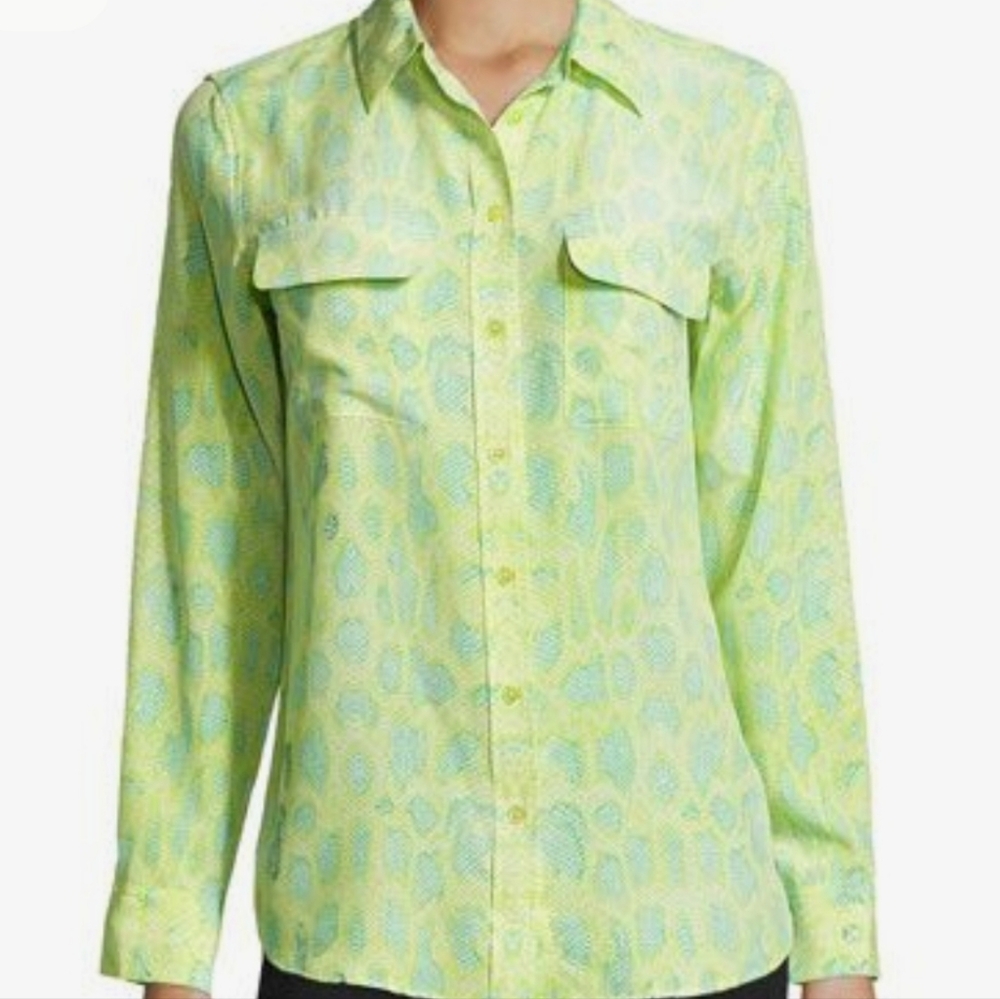Equipment Femme Silk Animal Print Blouse Yellow and Green Size Small